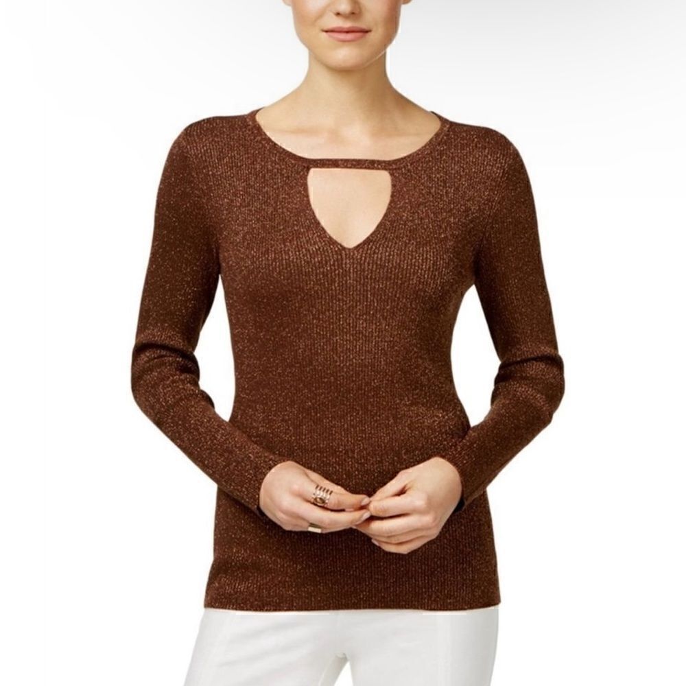 I.N.C International Concepts Brown Bronze Metallic Keyhole Blouse Top Size L